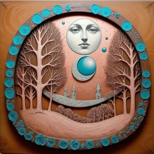 Prompt: Silverpoint   pen and ink painting on wood. In Copper, turquoise, rose and stucco