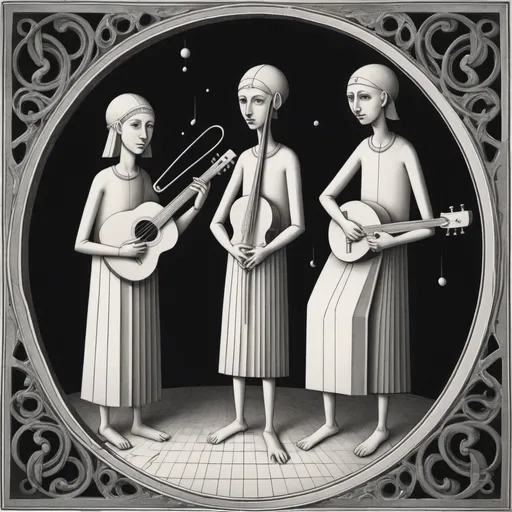 Prompt: an illustration of a Musicians, in the style of subtle surrealism, monochrome geometry, early medieval art, child-like innocence. 