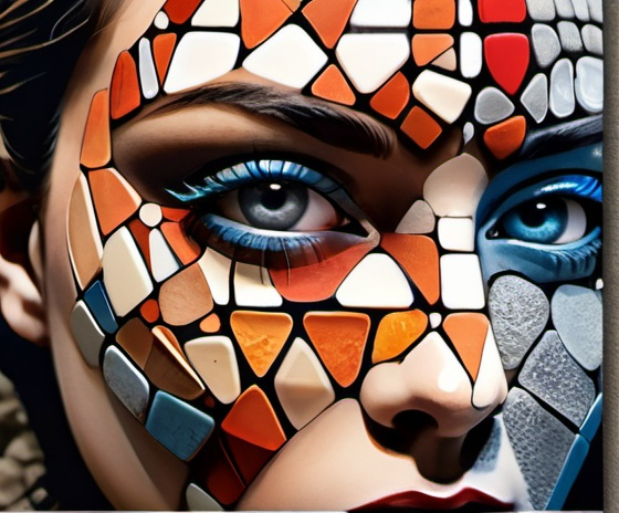 Prompt: close-up picture of a beautiful woman superimposed by  a collection of variously sized stones with intricate patterns and a range of colors including blues, reds, oranges, and grays.  The texture within each cell varies, some appearing cracked and dry, while others are smoother, giving the overall image a rich tactile quality. The natural pattern and the contrasting colors create a captivating and complex visual texture. 