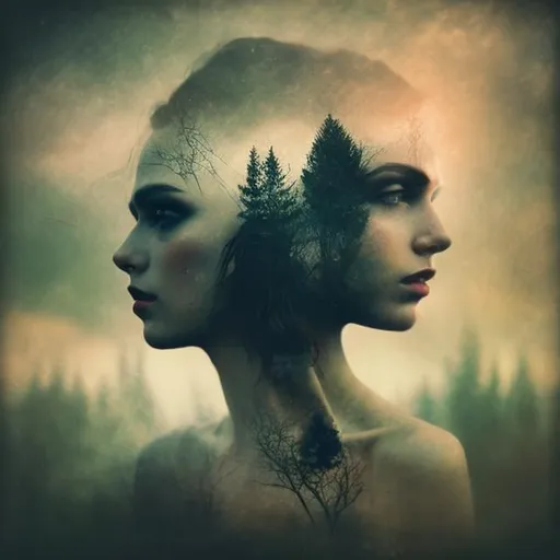 Prompt:  double exposure complex art by Alex Stoddard, Natalia Drepina and Brooke Shaden surreal postcard on a cracked paper, extremely dynamic, unusual , vintage