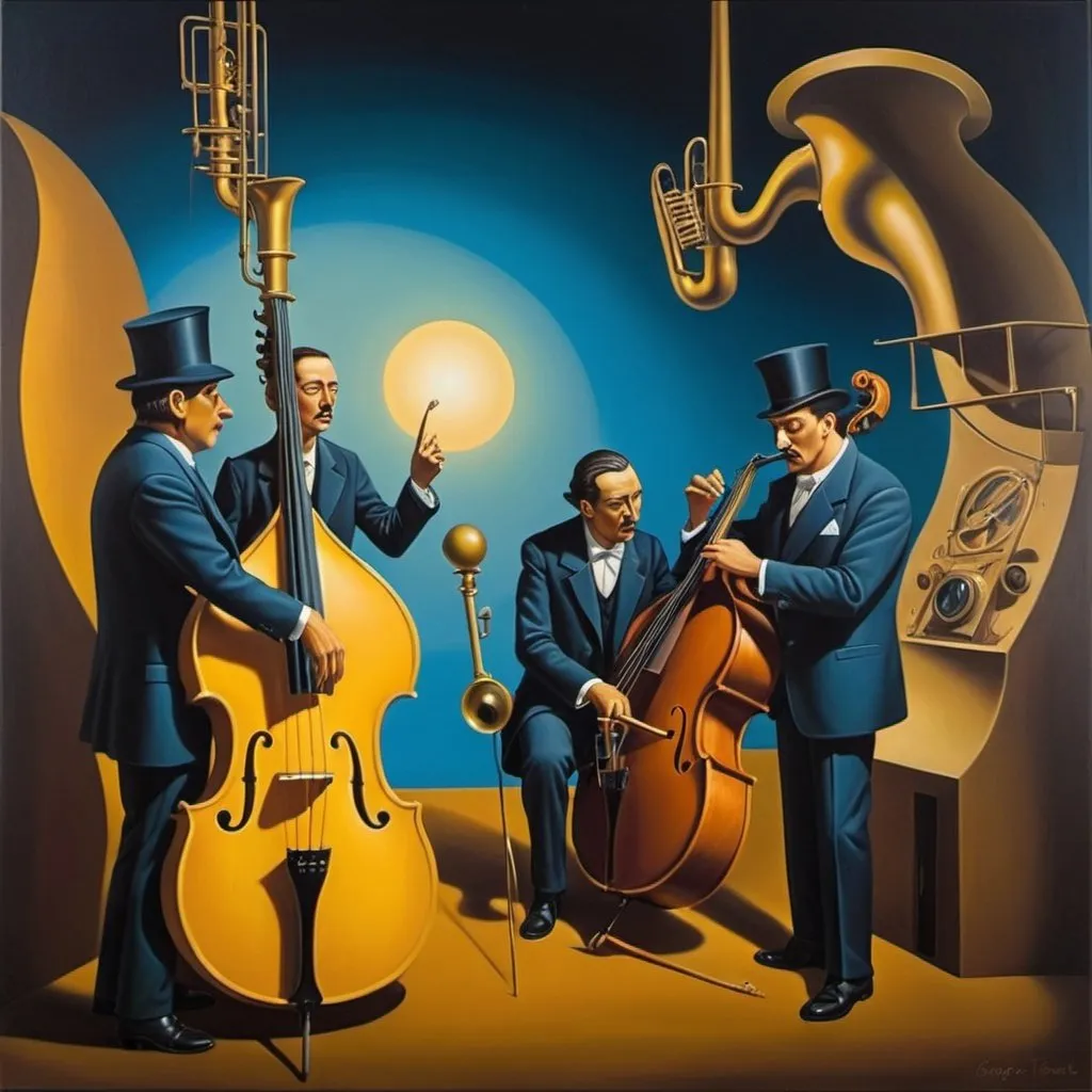 Prompt: Midnight jazz scene, singer soloist, surrealism surrealism Salvador Dali matte background melting oil on canvas George Tooker contrasting colors deep color mysterious steampunk"."
