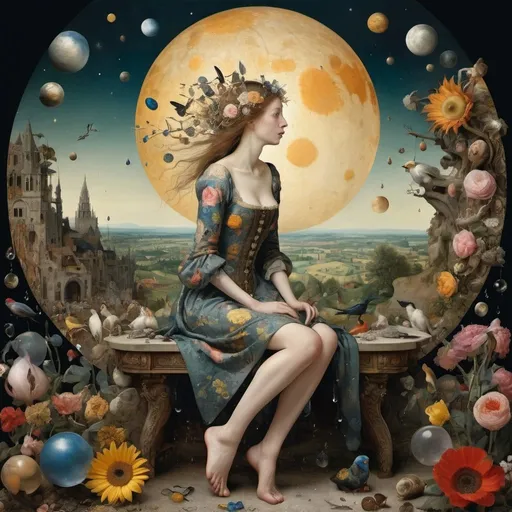 Prompt: ((Bosch)), Klimt and ((Bruegel)) style. Perfect profile  beautiful  sit down full body with a ((short dress)) ((woman)) in a surreal and mind-blowing  planet,  full of translucent  ((big drops)) falling, reflecting the landscape.  lots of surreal flowers and mind-blowing birds of immense shapes and colors. Sun. Several moons.  XIV century style. Hyper-detailed hyper-realistic photo-fantasy ornate meticulously detailed, muted colors in, meticulous, intricate and highly detailed illustration by Bosch. ornate, meticulously detailed, muted colors, meticulous, intricate, highly detailed. Cinematic light. Work of art. Extremely detailed