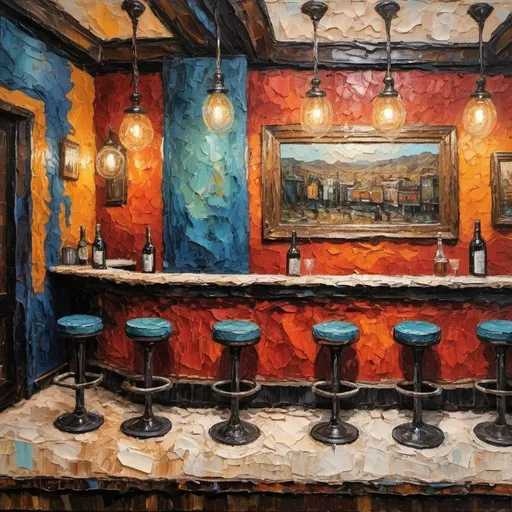 Prompt: Expressionist, detailed impasto heavy layers of    Antique paper  thick Paint highly detailed palette knife hyperdetailed intricately detailed contrasting colors deep color, impasto,   Later, in the bar