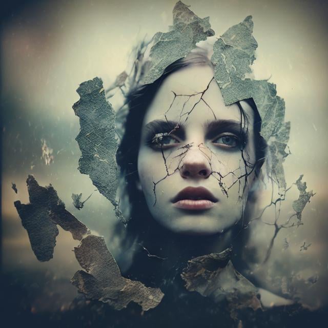 Prompt:  double exposure complex art by Alex Stoddard, Natalia Drepina and Brooke Shaden surreal postcard on a cracked paper, extremely dynamic, unusual , vintage