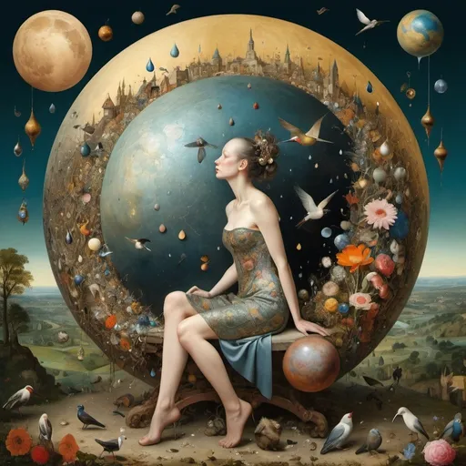 Prompt: ((Bosch)), Klimt and ((Bruegel)) style. Perfect profile  beautiful  sit down full body with a ((short dress)) ((woman)) in a surreal and mind-blowing  planet,  full of translucent  ((big drops)) falling, reflecting the landscape.  lots of surreal flowers and mind-blowing birds of immense shapes and colors. Sun. Several moons.  XIV century style. Hyper-detailed hyper-realistic photo-fantasy ornate meticulously detailed, muted colors in, meticulous, intricate and highly detailed illustration by Bosch. ornate, meticulously detailed, muted colors, meticulous, intricate, highly detailed. Cinematic light. Work of art. Extremely detailed
