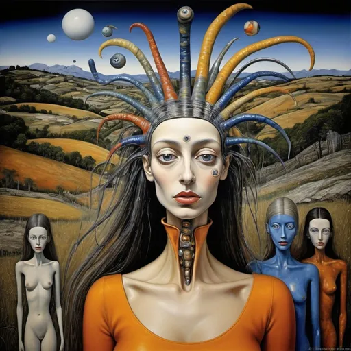 Prompt: "Elle chantait les minutes sans s'endormir./surrealism fantastic dreamlike magic realism deep color breathtaking masterpiece/ Professional photography Travel Extravagant strange Cosmic characters travelling in beautiful landscape with white blue yellow and orange faces/cheerful expression /colorful clothes /in Lucian Freud oil painting style By Peter Longhi HR Giger Hundertwasser"