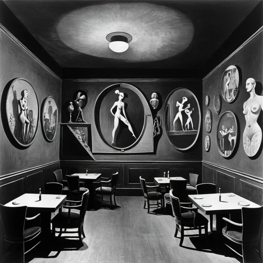 Prompt: 1936 Berlin cabaret and jazz club envisioned by Max Ernst