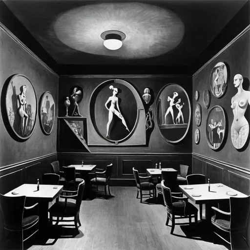 Prompt: 1936 Berlin cabaret and jazz club envisioned by Max Ernst