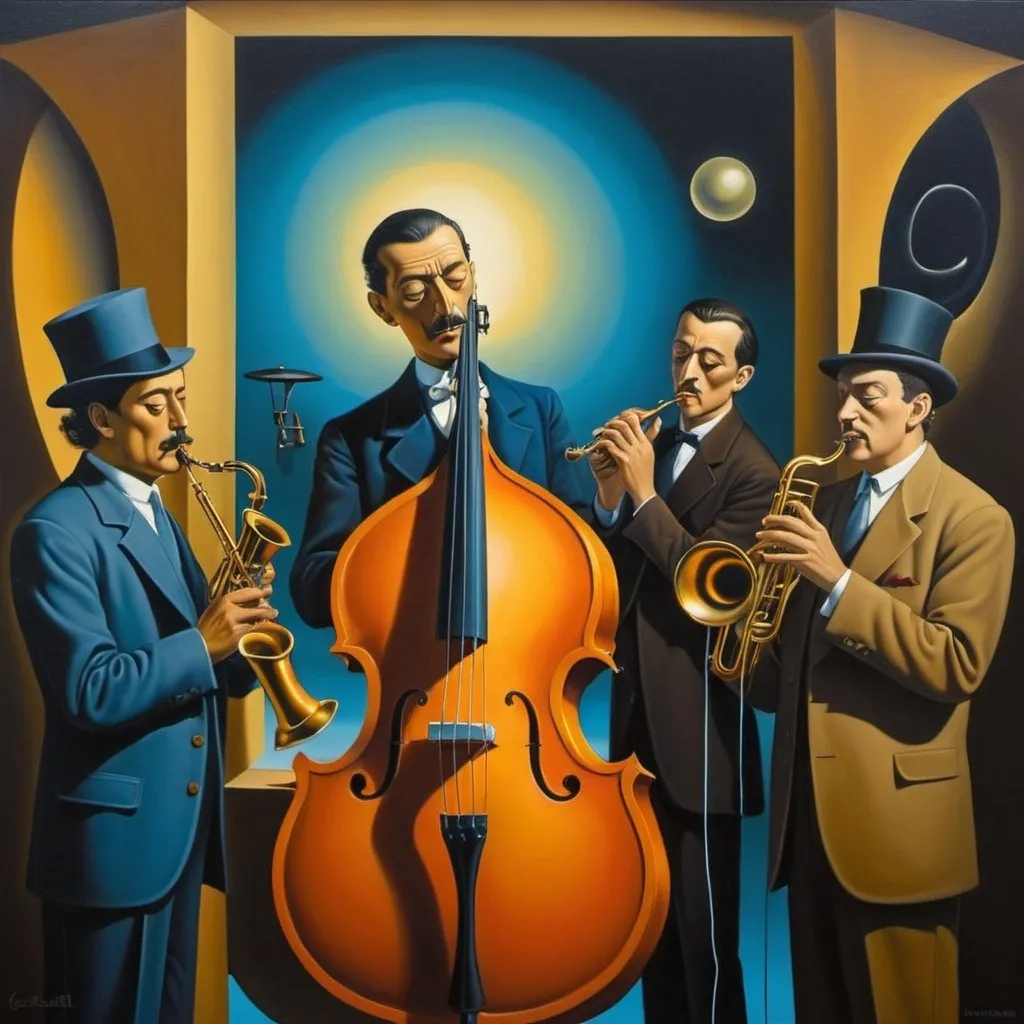 Prompt: Midnight jazz scene, singer soloist, surrealism surrealism Salvador Dali matte background melting oil on canvas George Tooker contrasting colors deep color mysterious steampunk"."
