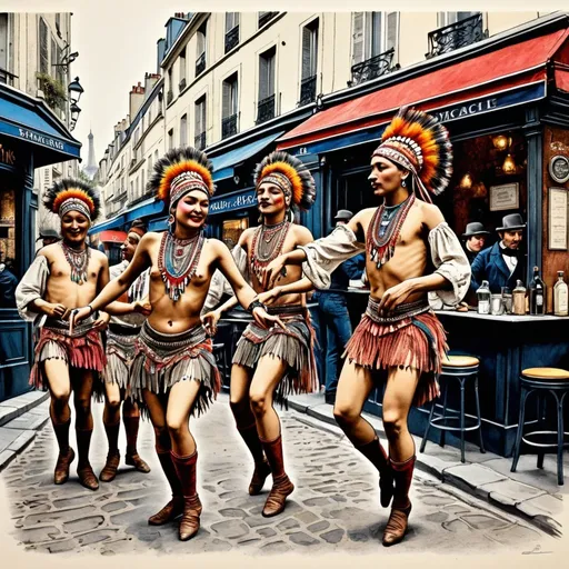 Prompt: ""detailed pen and colored ink ink illustration of Parisian Apache dancers in a bistro in Montmartre antique paper highly detailed." hyperdetailed intricately detailed contrasting colors deep color"