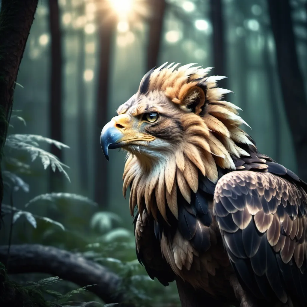 Prompt: Eagle-lion hybrid in a mystical forest, animal hybrid of an eagle and a lion, mix of lion and eagle, high quality, atmospheric lighting