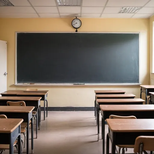 Prompt: Inside a school classroom, we look at the chalkboard from the front
