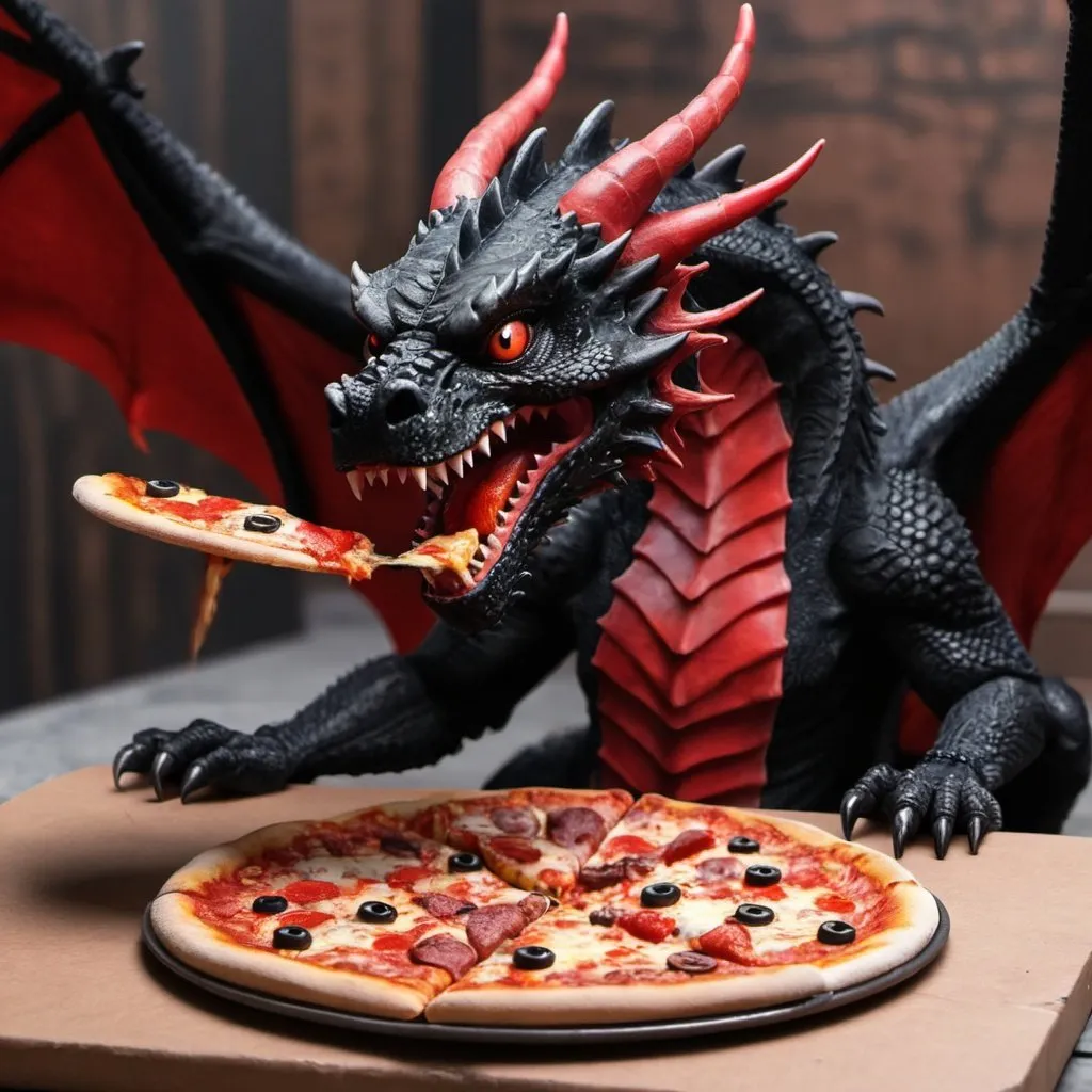 Prompt: Black red dragon. eating pizza