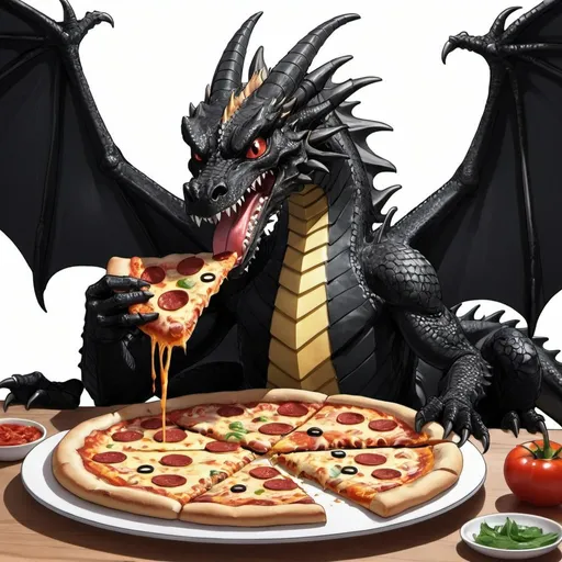 black dragon eating pizza