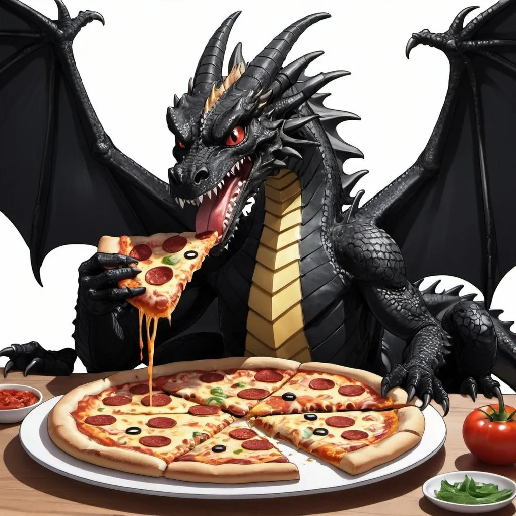 Prompt: black dragon eating pizza anime