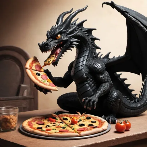 Prompt: black dragon eating pizza