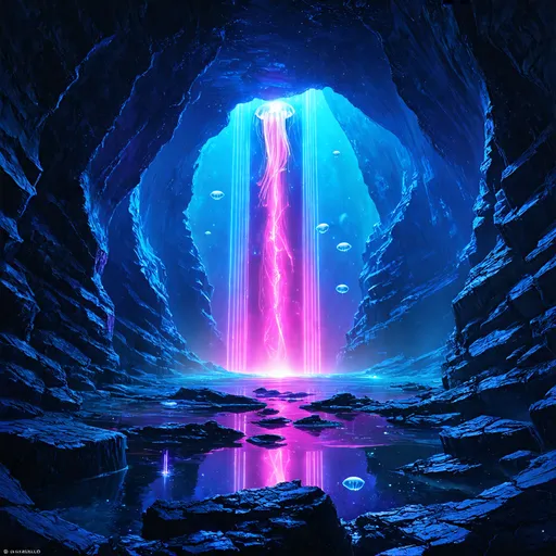 Prompt: A futuristic styled vast chasm dimly lit by neon pink blue colored lights seeping through. Cover the walls with cracks and make it look ancient. Have small floating jellyfish dot the inside of the chasm. 