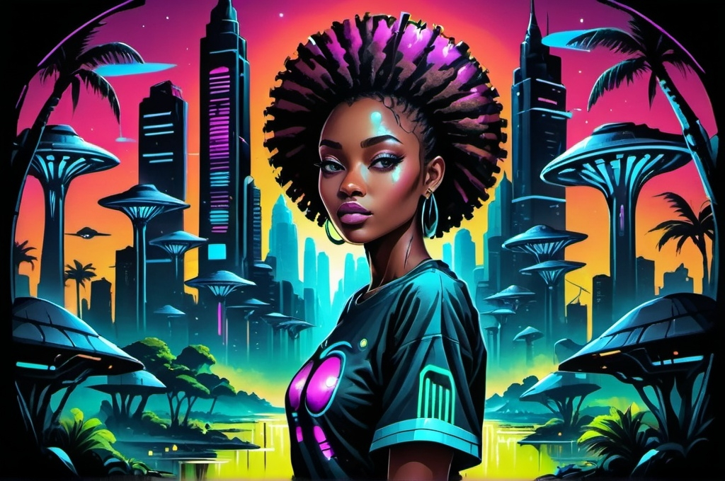 Prompt: futuristic african city in 2050 full of nature and neon lights. manga effect