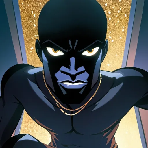 Prompt: black man with sharp jawline and facial features. Gold. His infraorbital edema are golden. He is sitting on a chair sideways, contemplating oustide a window. Background is pastel black with gold glitter on the right side of the picture. The style of the image is anime and 2D. the man has a square long face and strong facial features.. half of his face is covered by a shadow. We can see half of the mans body.