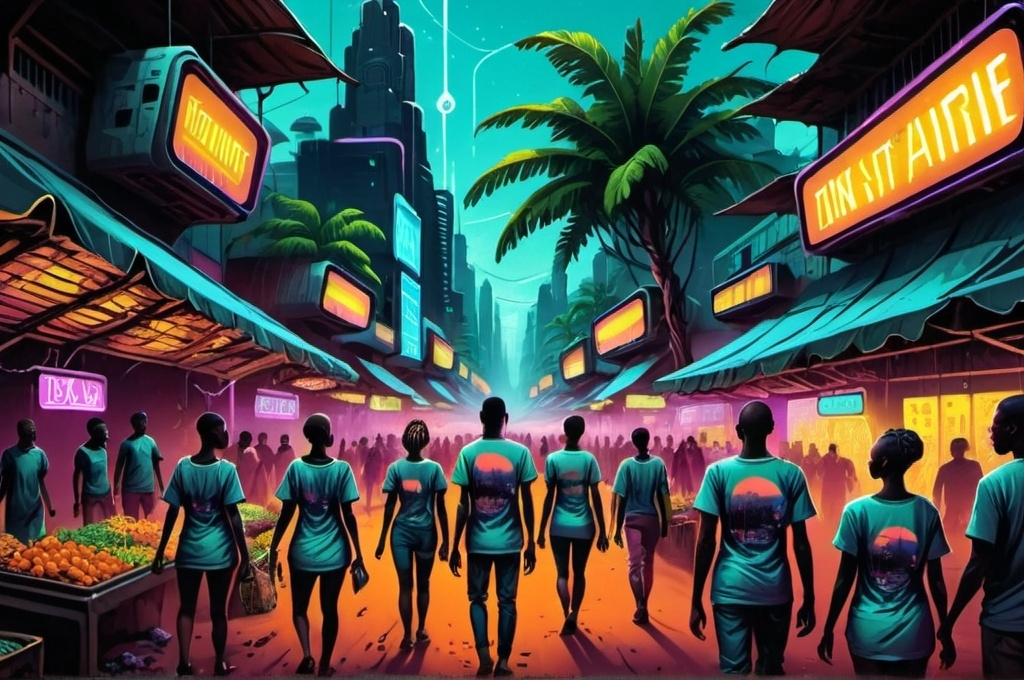 Prompt: futuristic african city in 2050 full of nature neon lights. People are walking in the market