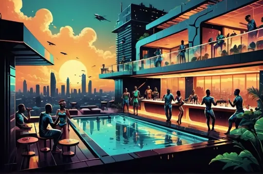 Prompt: People having a party from a luxury rooftop with a bar ans a swimming pool in a futuristic african city in 2050 full of nature.