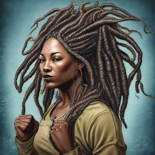 Prompt: black woman with locs fighting with the a image of the world