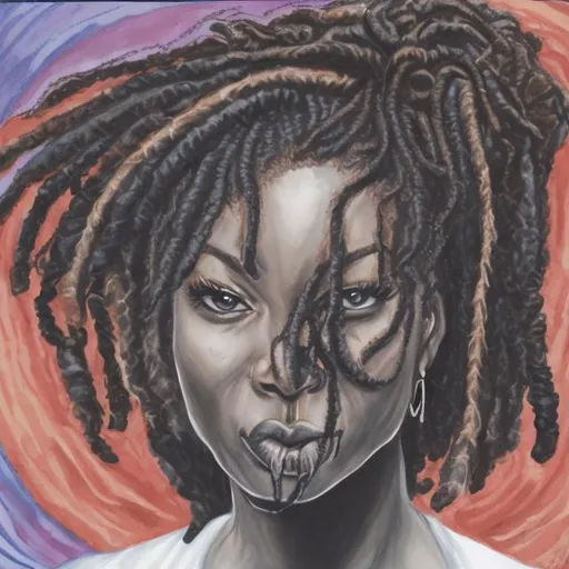 Prompt: black woman with locs fighting with the a image of the world