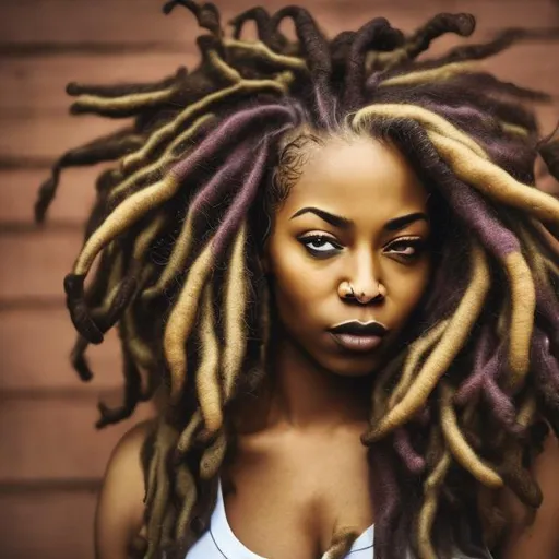 Prompt: black woman with locs with strength and power in her eyes