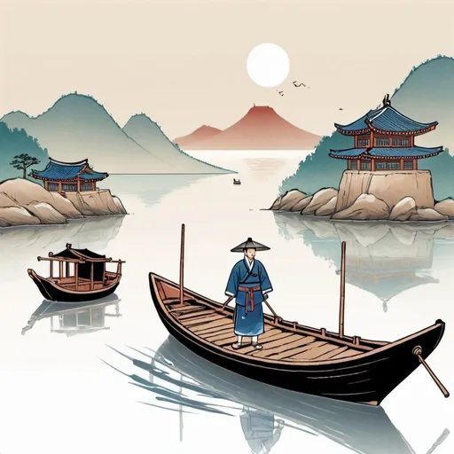 Prompt: A korea style ship and a boatman illustration
