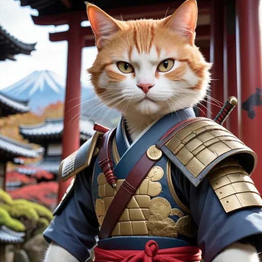 Prompt: I want you to give me a picture of a Japanese warrior mixed with assassin warrior, and in the image, there should be a cat with them in a beautiful place."
