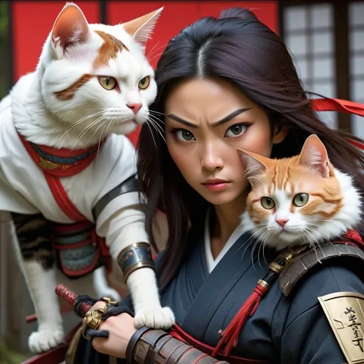 Prompt: Here's an image of a great Japanese warrior resembling an assassin in the future with a cat and a beautiful woman.