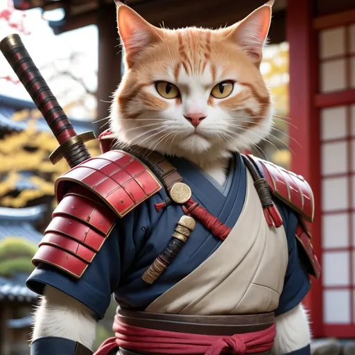 Prompt: I want you to give me a picture of a Japanese warrior mixed with assassin warrior, and in the image, there should be a cat with them in a beautiful place."
