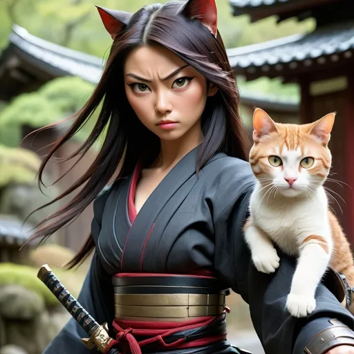 Prompt: Here's an image of a great Japanese warrior resembling an assassin in the future with a cat and a beautiful woman.