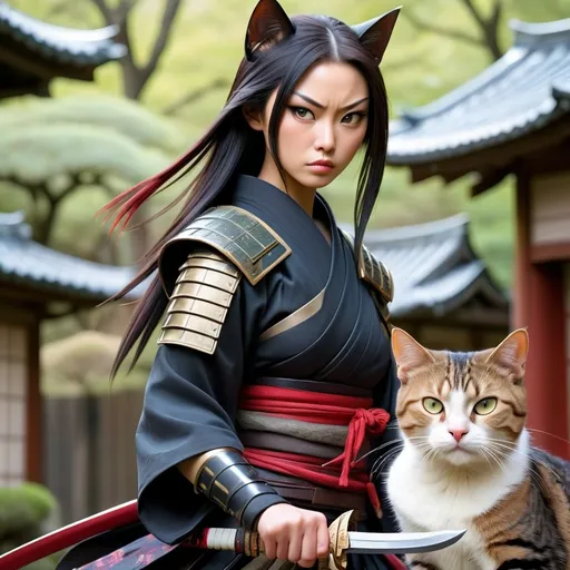 Prompt: Here's an image of a great Japanese warrior resembling an assassin in the future with a cat and a beautiful woman.