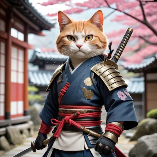 Prompt: I want you to give me a picture of a Japanese warrior mixed with assassin warrior, and in the image, there should be a cat with them in a beautiful place."
