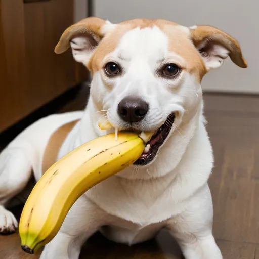 Prompt: dog eating banana