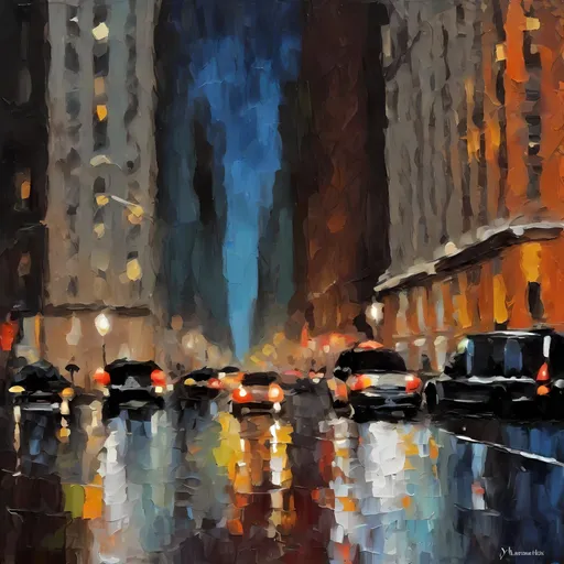Prompt: Stylized rough 5th avenue by night impressionistic painting with large palette-knife