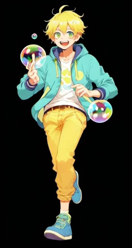 Prompt: (cheerful 27-year-old boy), (yellow hair), (blue highlights), wearing a blue jacket with bubble patterns, (yellow zipper), (blue and yellow hoodie), vibrant colors, warm lighting, joyful expression, playful pose, lively background, HD, ultra-detailed, capturing a sense of happiness and fun through bright and playful color tones. that is anime
