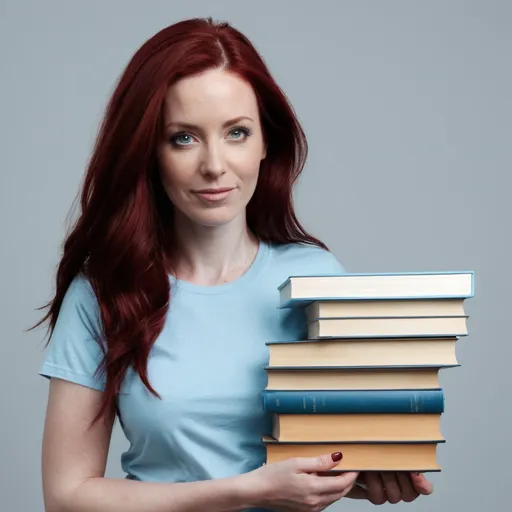 Prompt: A woman with dark red hair wearing a light blue t-shirt holding onto a stack of books