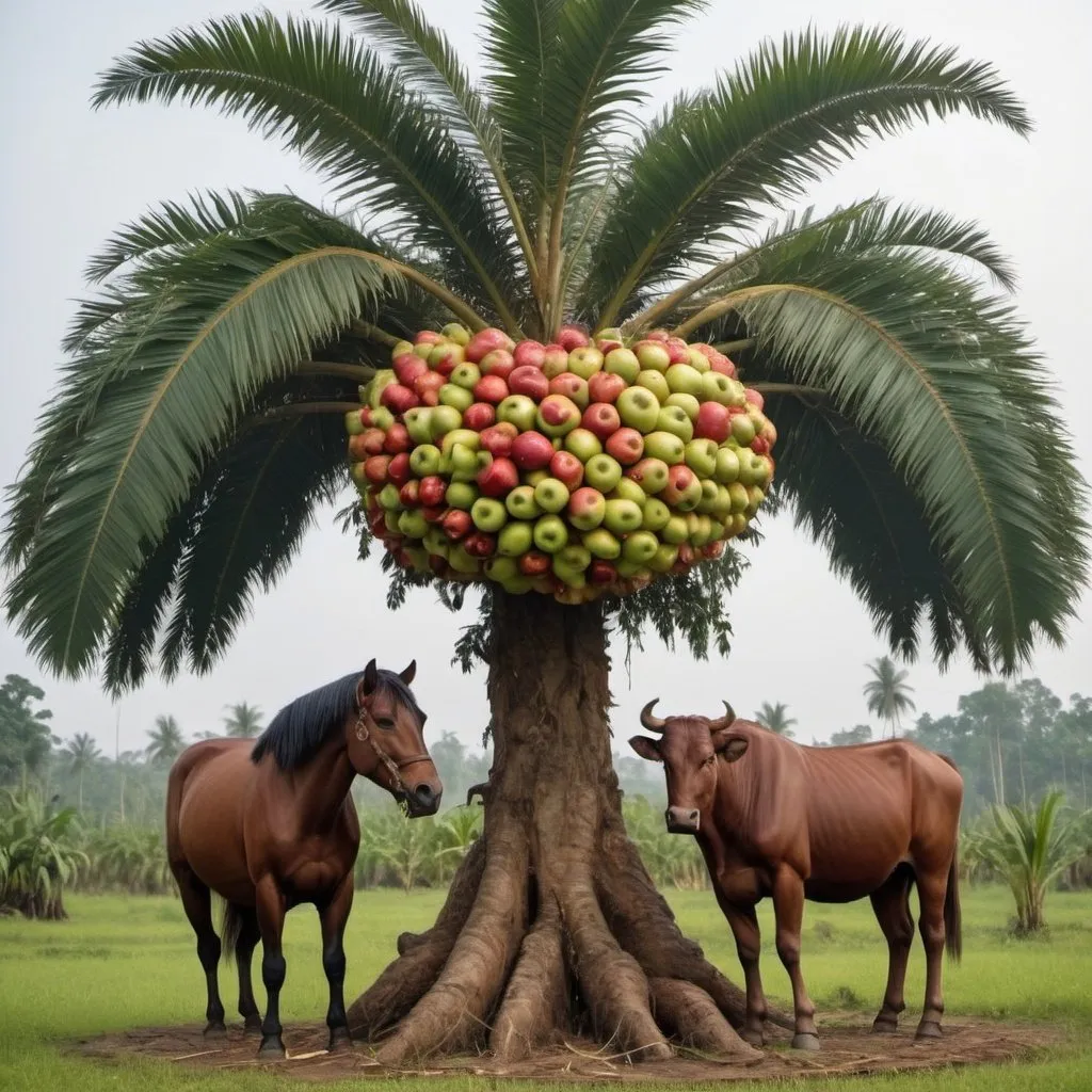 Prompt: an oil palm tree bearing apples, under it is a horse with eagle wings, a buffalo head and cow legs