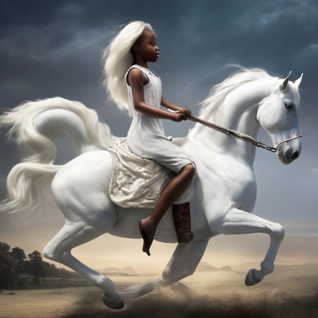 Prompt: a king's daughter riding a white horse with wings