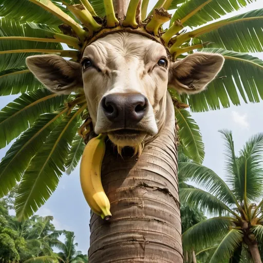 Prompt: Menerjemahkan teks dengan kamera
a palm tree bearing a jackfruit with a banana trunk, there was a long-haired cow with a wolf's head eating, then a man came and was surprised to see it