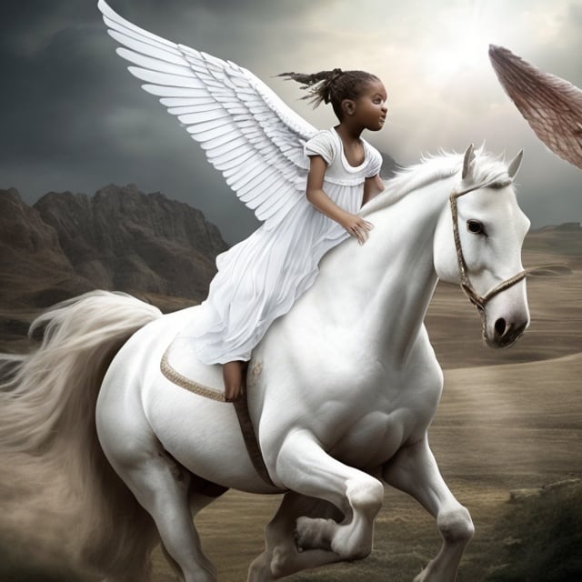 Prompt: a king's daughter riding a white horse with wings