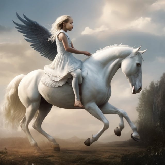 Prompt: a king's daughter riding a white horse with wings