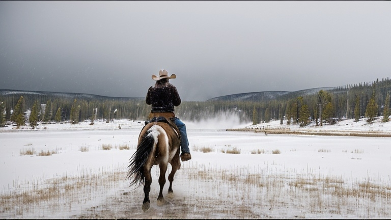 Prompt: Cowboy see from back riding a horse in snow storm in Yellowstone park. Natural light and buffalo running around. 