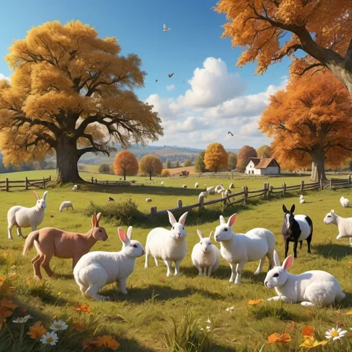 Prompt: photography of landscape, autumn meadow with flowers, on the meadow 5 little rabbits,  10 sheep, 3  horses, 10 hens, 2 cocks, 7 kitties. On the horizont old oak. Sunny day with blue sky and  white clouds.
Satisfaction.