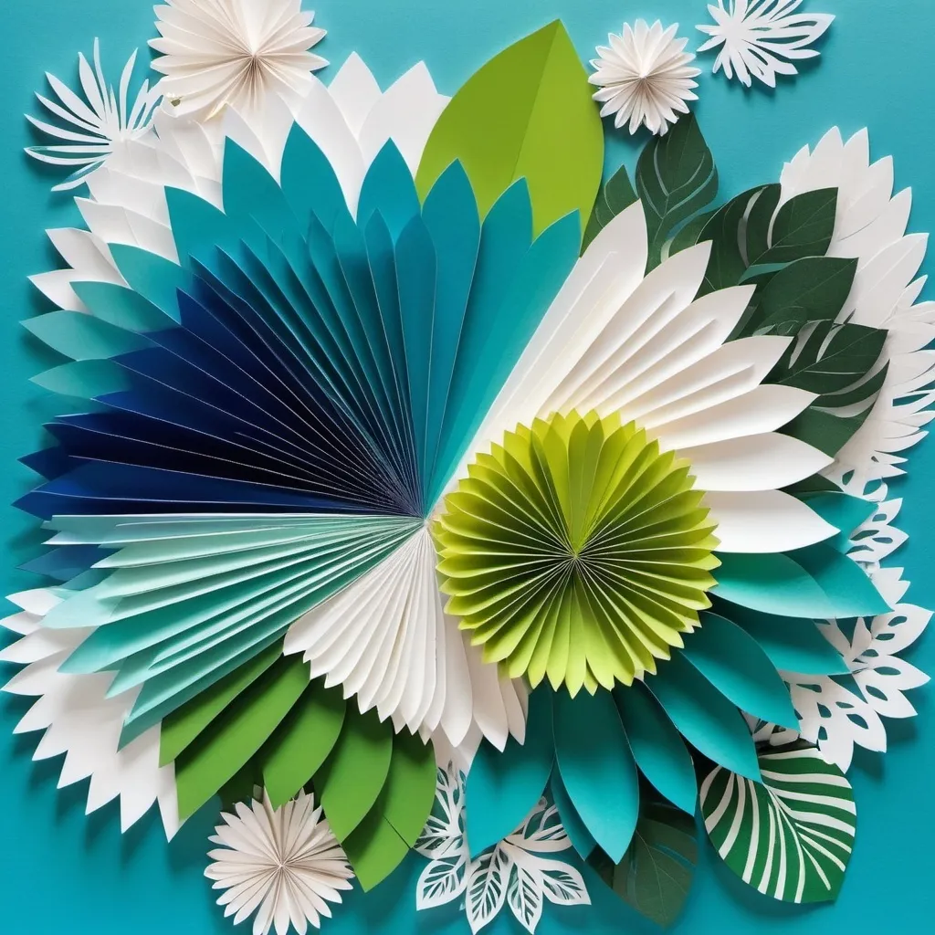 Prompt: A collage of magazine paper cuttings highlighting blue, white & green