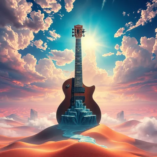 Prompt: (enormous guitar), towering over a surreal desert, (strings made of flowing water), musicians climbing the strings like stairways to the sky, (vibrant colors), dreamlike ambience, radiant sunlight casting hypnotic shadows, expansive sky with whimsical clouds, mesmerizing landscape, (4K), ultra-detailed illustration, ethereal atmosphere, creative masterpiece.