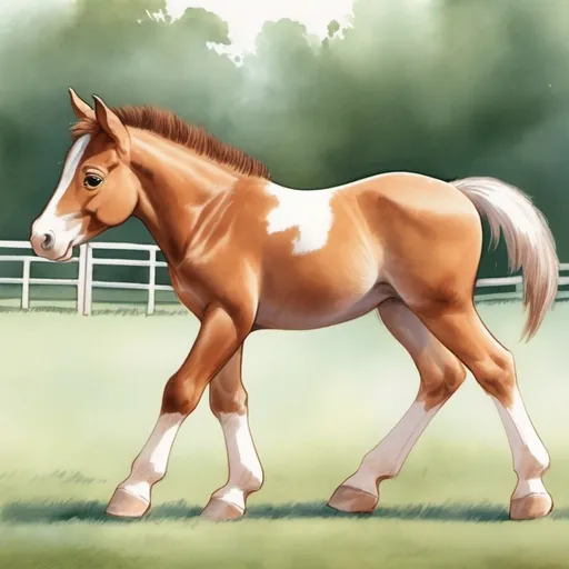 Prompt: Create an illustration of Chispa, a 3-year-old pinto foal, for a children's book about equestrian jumping. Use the attached reference image of Chispa to maintain consistent appearance. In this illustration, show Chispa in a different position where he is standing in a side profile position to clearly show his anatomy. His coat should be a mix of light brown and white patches, with a white blaze on his forehead. Highlight important parts of a foal, such as the ears, eyes, mane, neck, body, legs, hooves, and tail. The illustration should be clear and educational, with labels or pointers to these parts. The style should be friendly and appealing to children, with vibrant colors and a touch of whimsy.