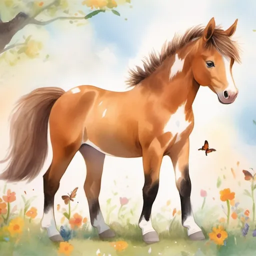 Prompt: Create an illustration of "Chispa," a 3-year-old foal for a children's book about equestrian jumping. Chispa is lively, curious, and full of energy. He has a pinto coat with white and caramel brown patches, and his mane and tail are the same caramel brown color. Show him in a cheerful pose. The style should be friendly and colorful, suitable for children aged 7-10. Include elements that convey his curiosity and enthusiasm, such as a bright, natural background with flowers and butterflies.

